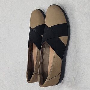Clarks Medora Suede Jem Cross Strap Tan And Black Slip On Loafer